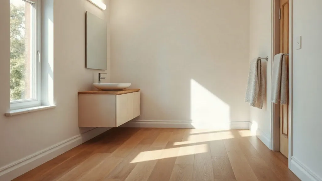Bagno con pavimento in legno e lavabo sospeso, con la luce della finestra
