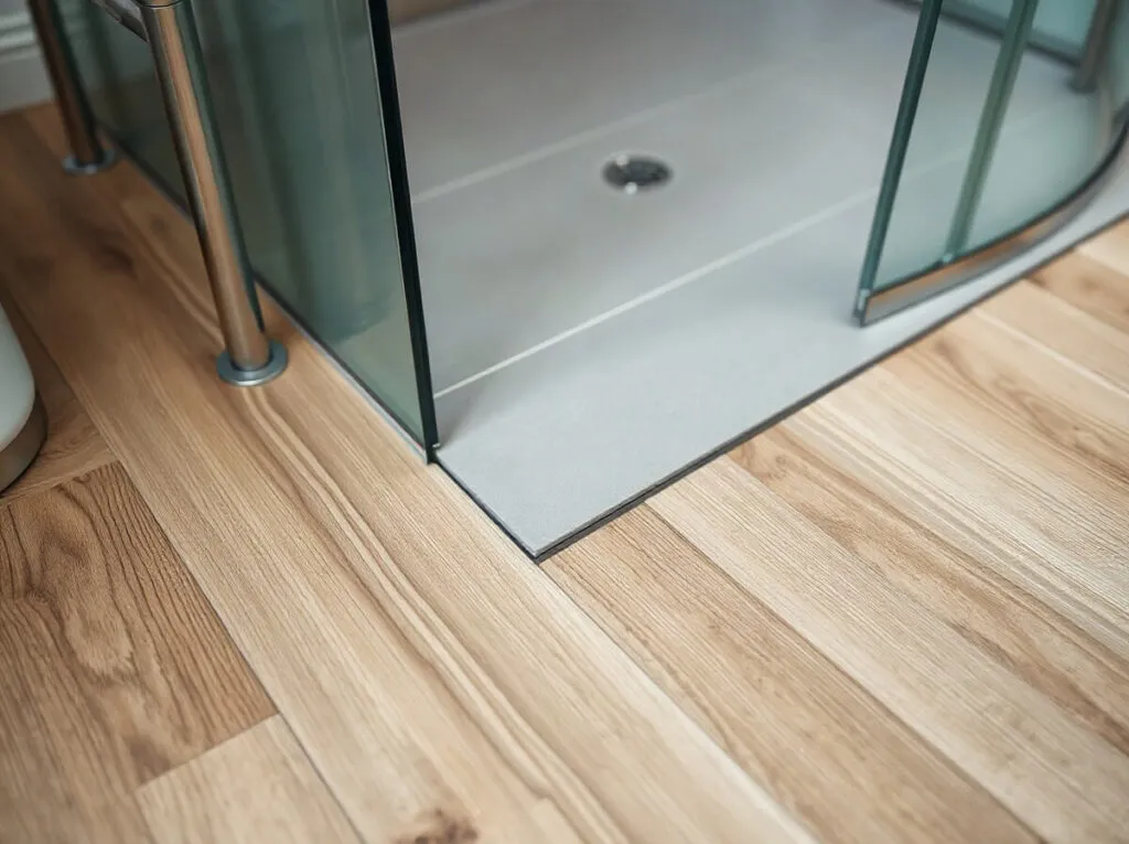 Giunzione fra il pavimento in legno e il piatto doccia, con il sigillante in mezzo
