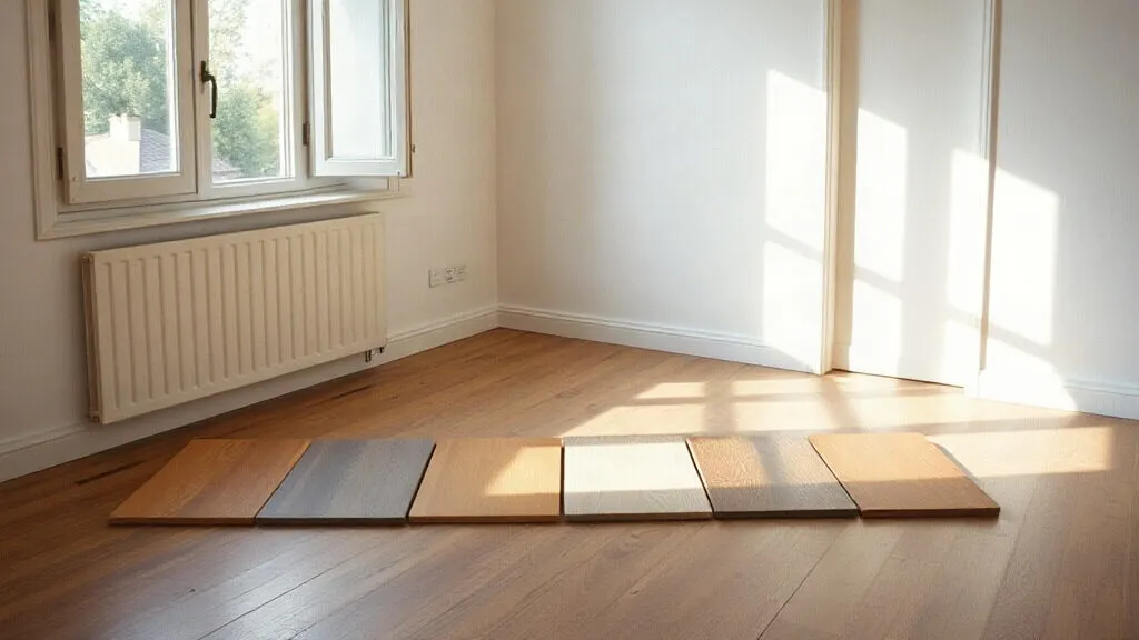 Campioni di legno con finiture diverse allineati sul pavimento vicino alla finestra