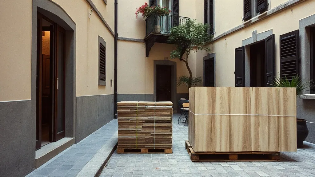 Materiale scaricato nel cortile interno prima di salire