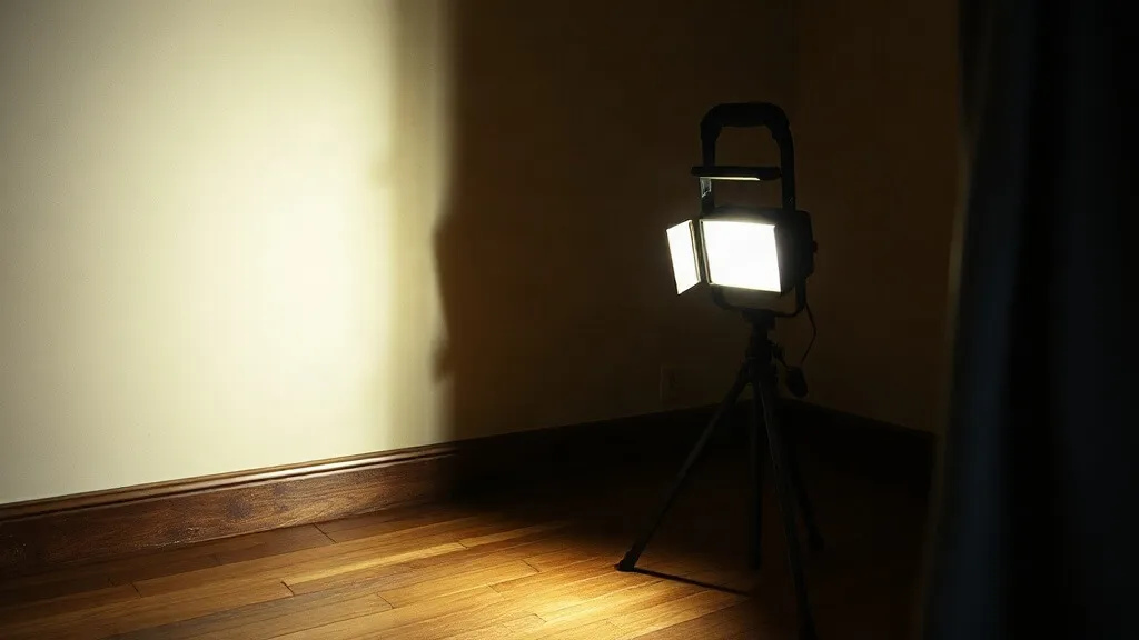 Faro da lavoro acceso su un treppiede in una stanza buia