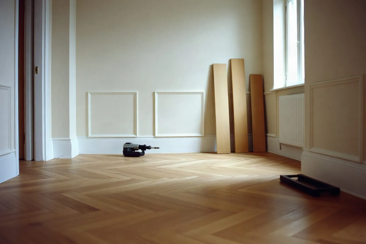 Battiscopa appoggiati al muro su un parquet finito