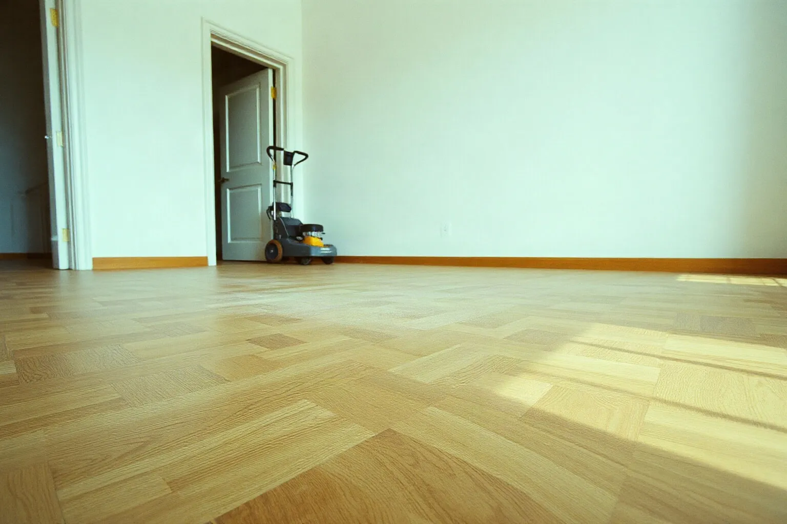 Pavimento in rovere dopo la levigatura con la macchina in un angolo