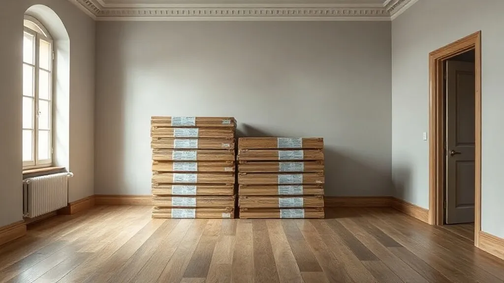 Pacchi di parquet prefinito impilati al centro della stanza