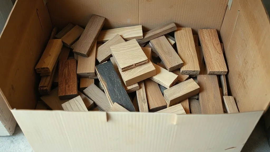 Ritagli di parquet raccolti in uno scatolone