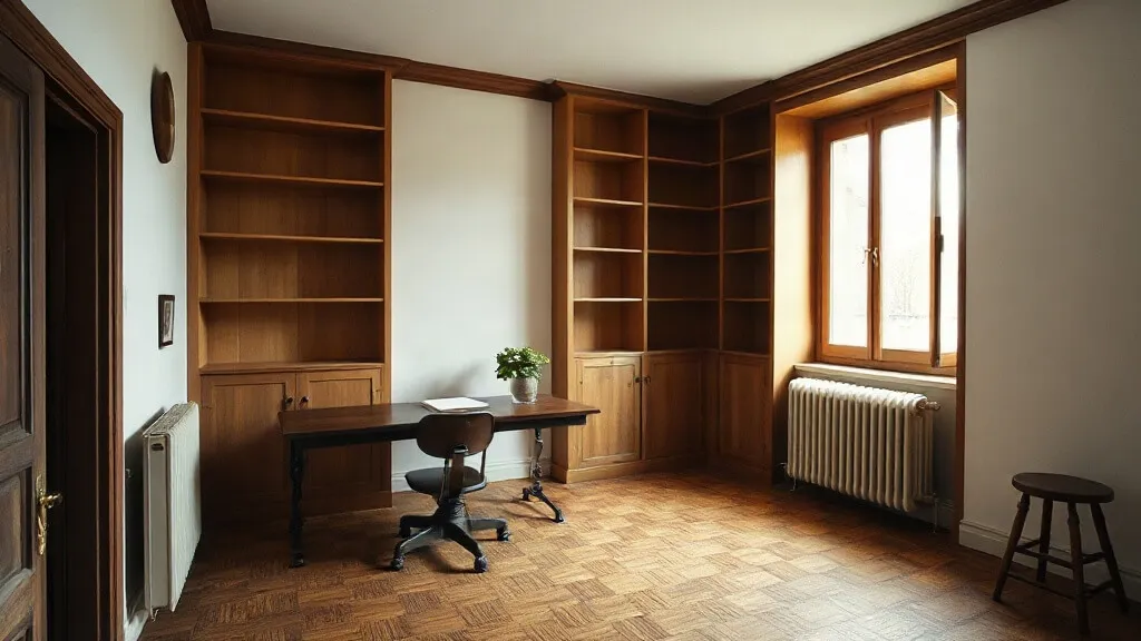 Studio vuoto con parquet a quadrotte e una libreria a muro
