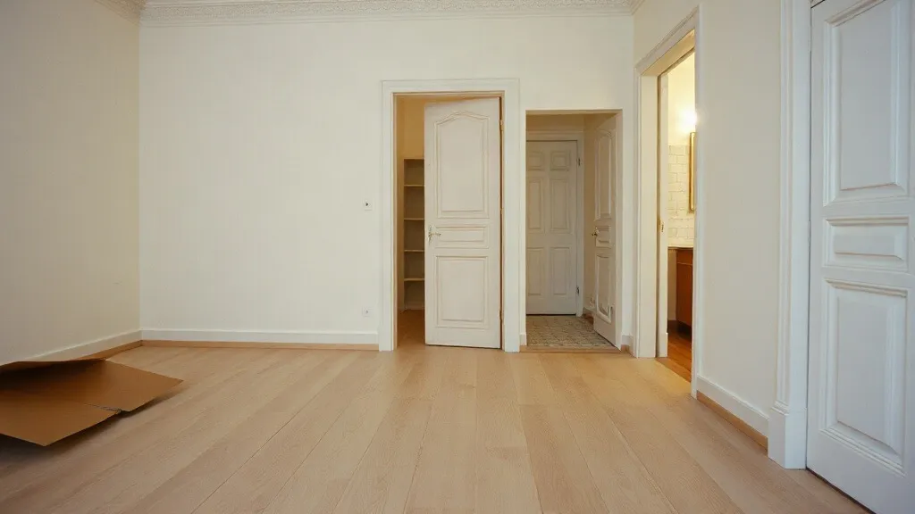 Stanza appena ristrutturata con parquet chiaro e cartone a protezione sulla soglia