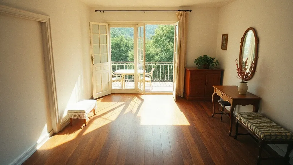 Soggiorno con parquet scuro e porta a vetri aperta sulla terrazza