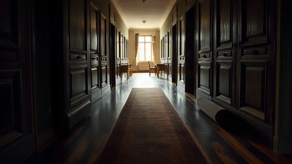 Corridoio d'epoca con pavimento in legno lucido e passatoia