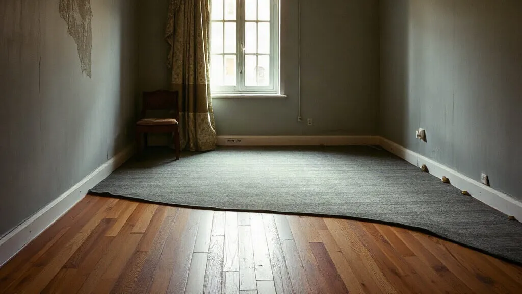Moquette grigia sollevata che scopre il pavimento in legno sottostante