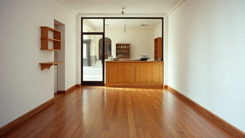 Locale commerciale senza arredi con parquet e bancone in legno