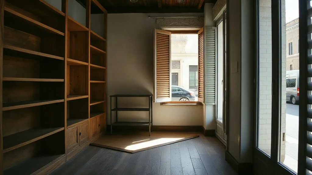 Interno di un piccolo negozio con pavimento in legno e scaffali vuoti