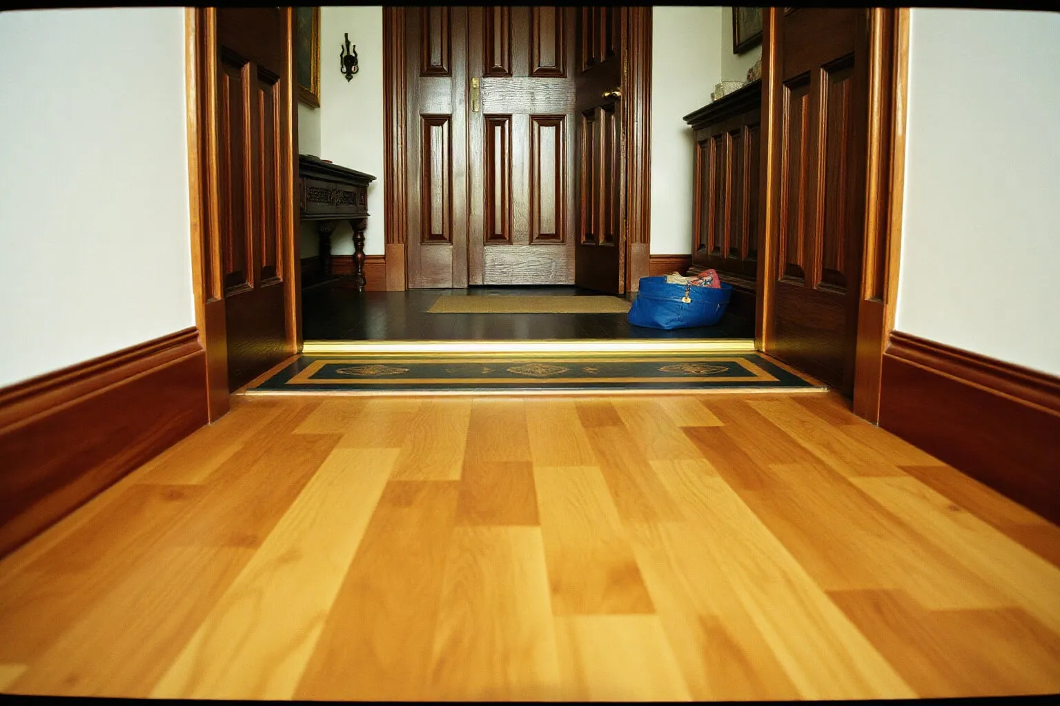 Entrata di casa con pavimento in legno e profilo d'ottone