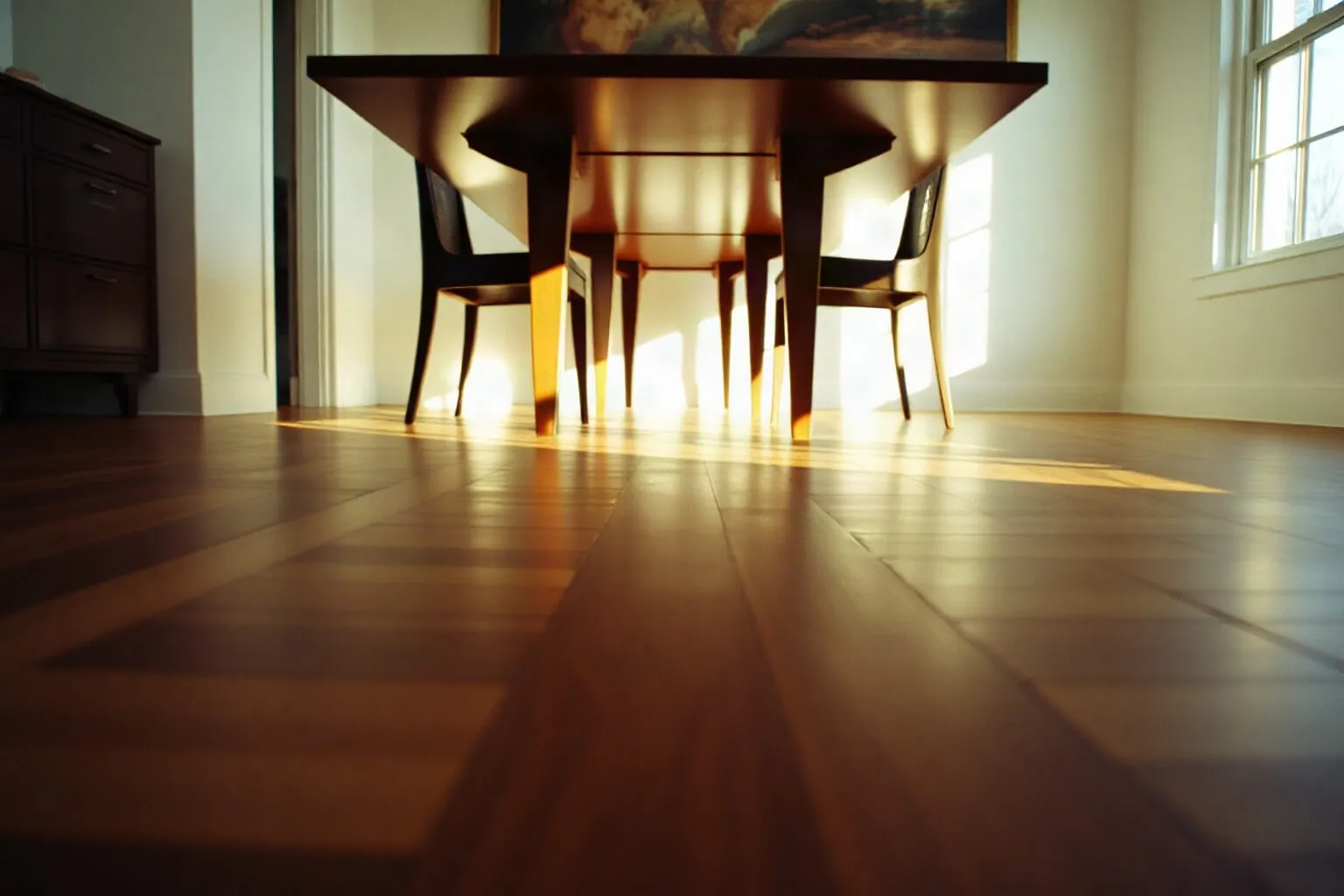 Pavimento in noce in una sala da pranzo con luce laterale