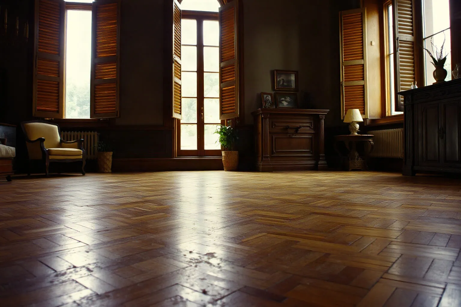 Salotto d'epoca con parquet a spina di pesce dalla patina antica