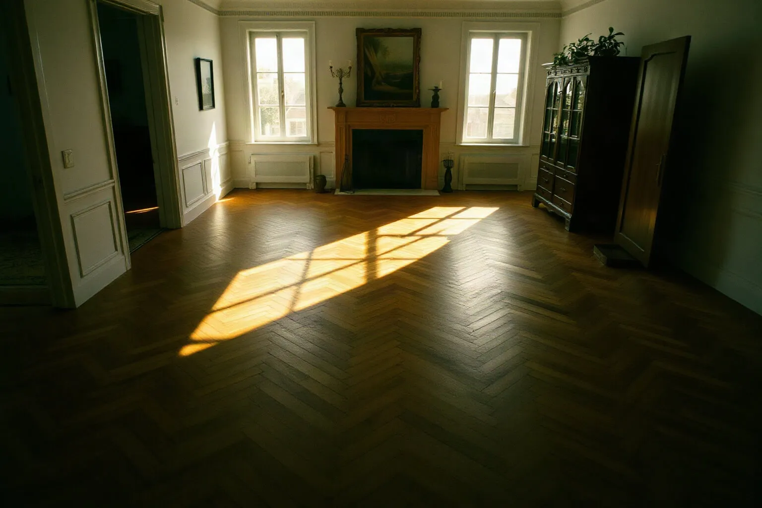 Soggiorno con pavimento in rovere illuminato da luce bassa