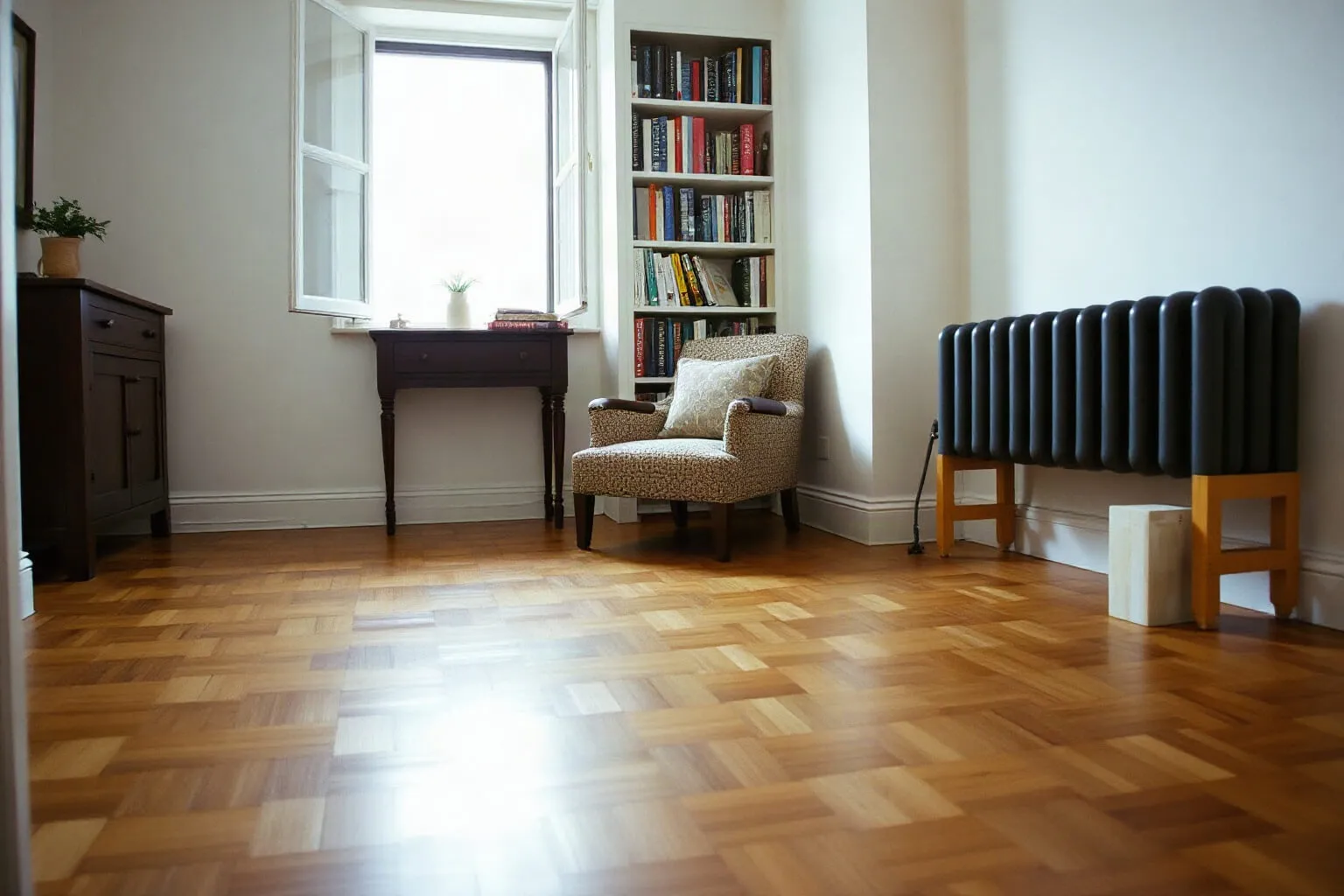 Pavimento in rovere a riquadri in un piccolo studio