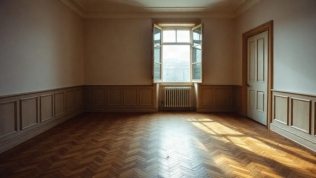 Parquet a spina di pesce in una stanza vuota dal soffitto alto