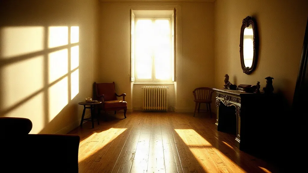 Soggiorno in controluce con il parquet che riflette la finestra