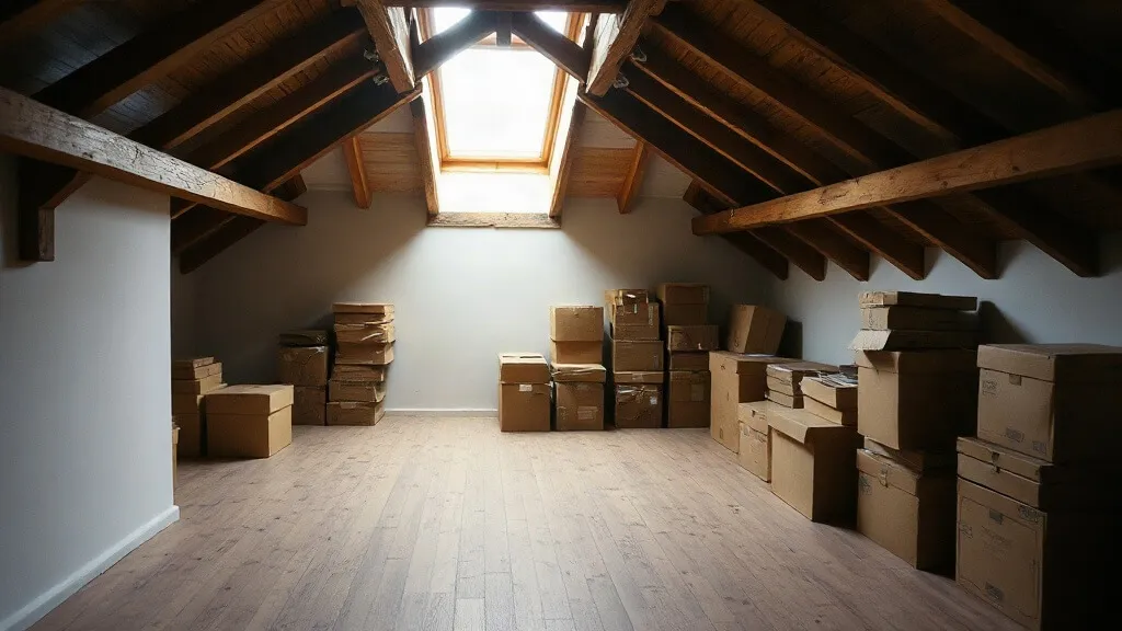 Sottotetto con assito di legno e scatoloni accatastati