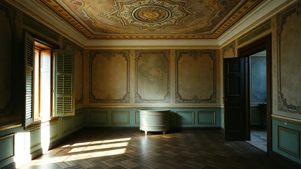 Stanza con soffitto decorato e parquet d'epoca consumato