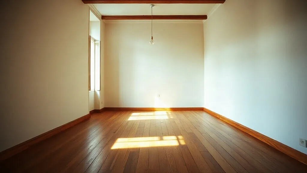 Camera senza mobili attraversata dalla luce sul pavimento in legno