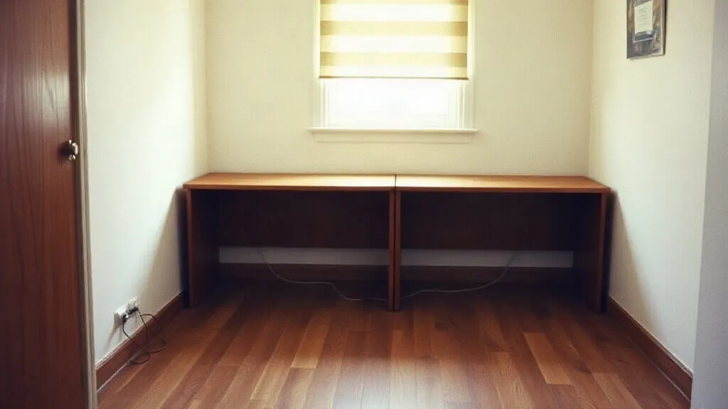 Piccolo ufficio con pavimento in legno e un piano di lavoro sotto la finestra
