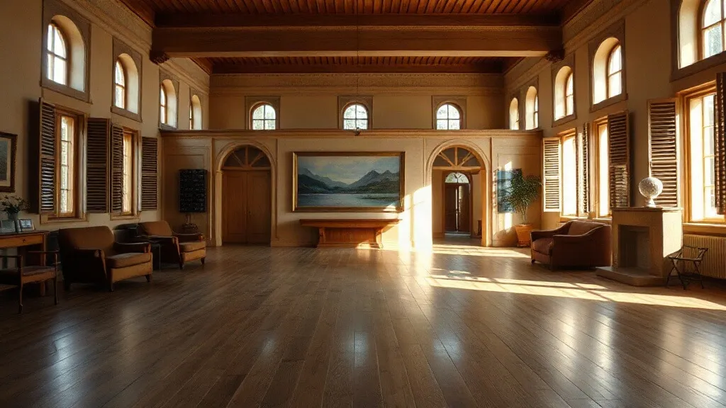 Grande sala con listoni larghi e finestre alte