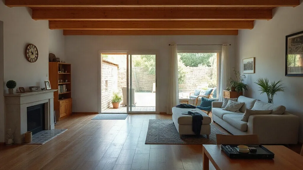 Salotto di una casa indipendente con travi a vista e pavimento in legno