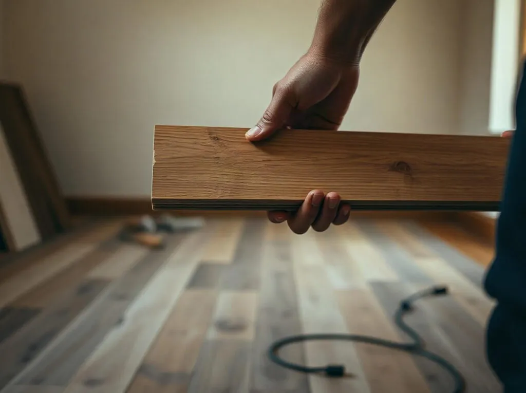 Mani che tengono una doga in legno controluce per guardarne la superficie