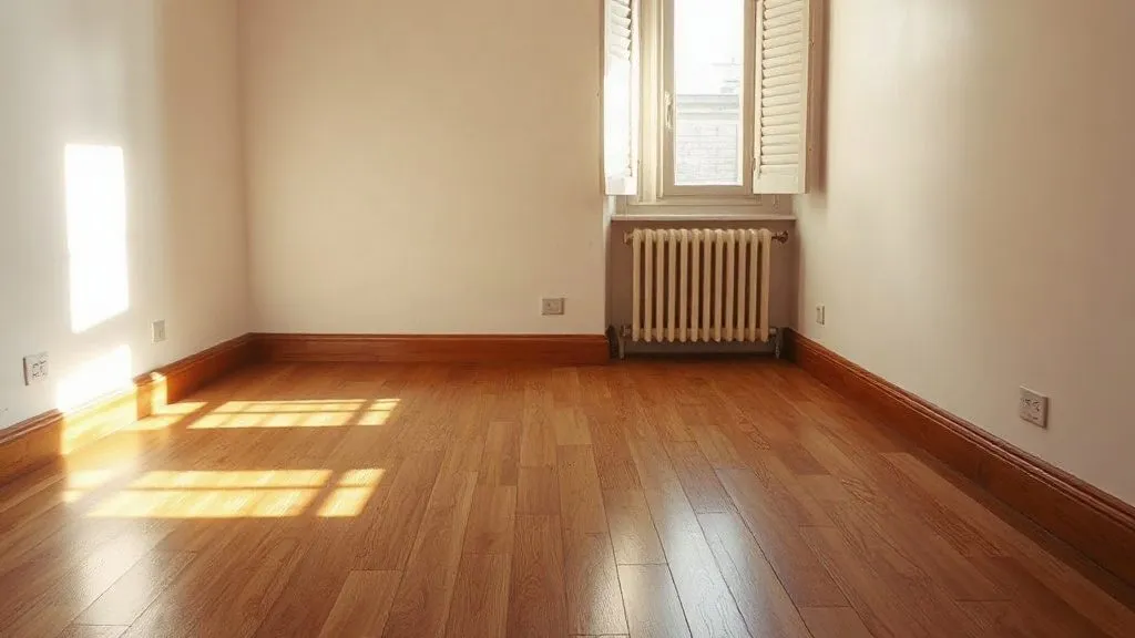 Stanza vuota con un pavimento in rovere appena finito, attraversata dalla luce radente di una finestra