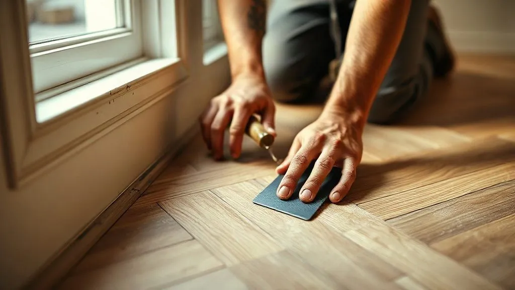 Mani che rifiniscono a mano la fascia di parquet lungo il battiscopa, con la luce radente
