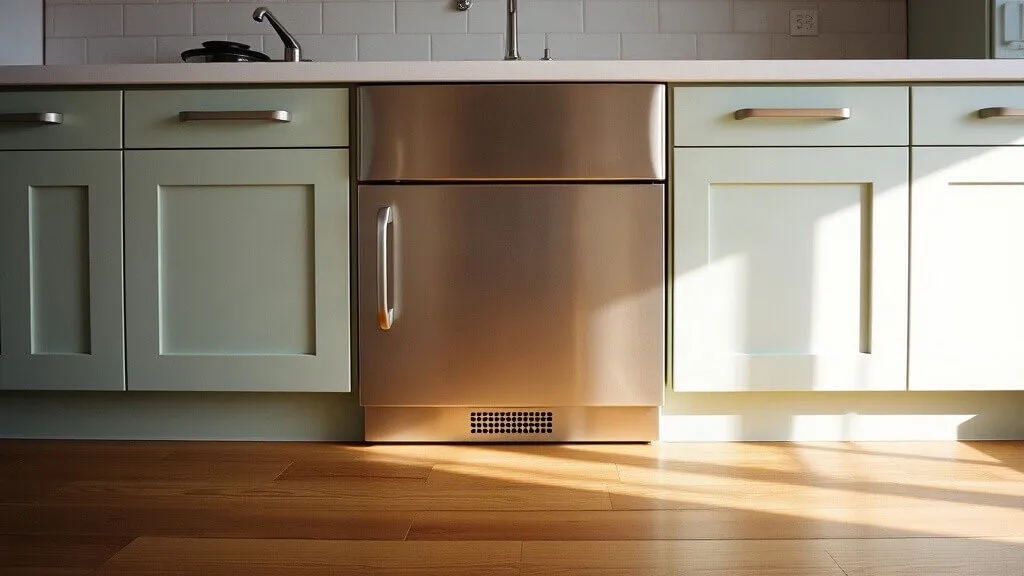 Il pavimento in legno davanti al fronte della lavastoviglie, in una cucina dai mobili chiari