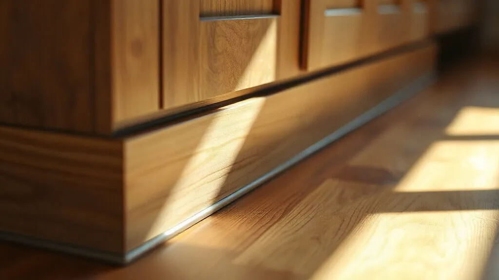 Il punto in cui il pavimento in legno incontra lo zoccolo dei mobili della cucina