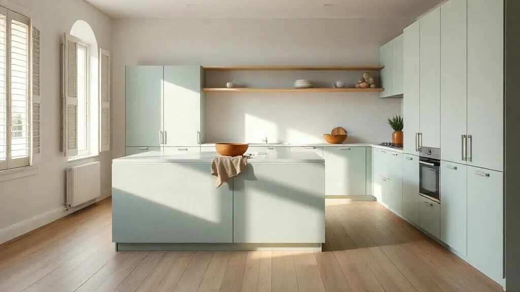 Cucina con isola centrale e pavimento in legno chiaro, illuminata dalla finestra con le persiane