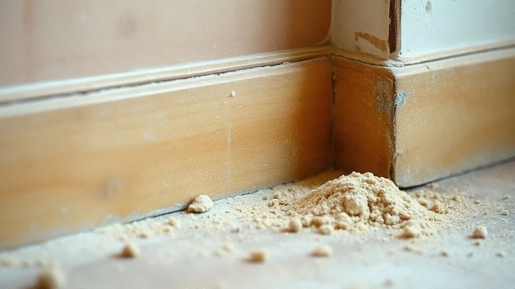 Polvere di legno accumulata contro il battiscopa