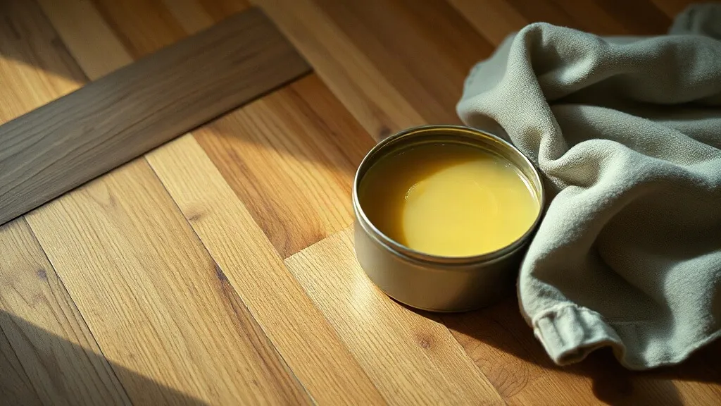 Barattolo di cera aperto accanto a un panno piegato sul parquet
