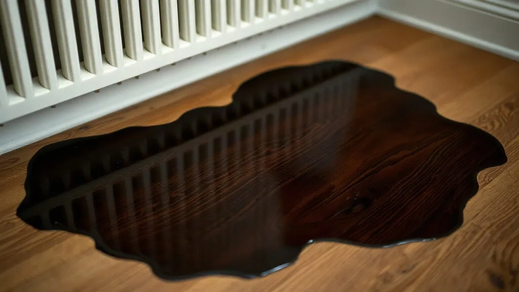 Macchia scura d'acqua allargata sul parquet sotto il termosifone