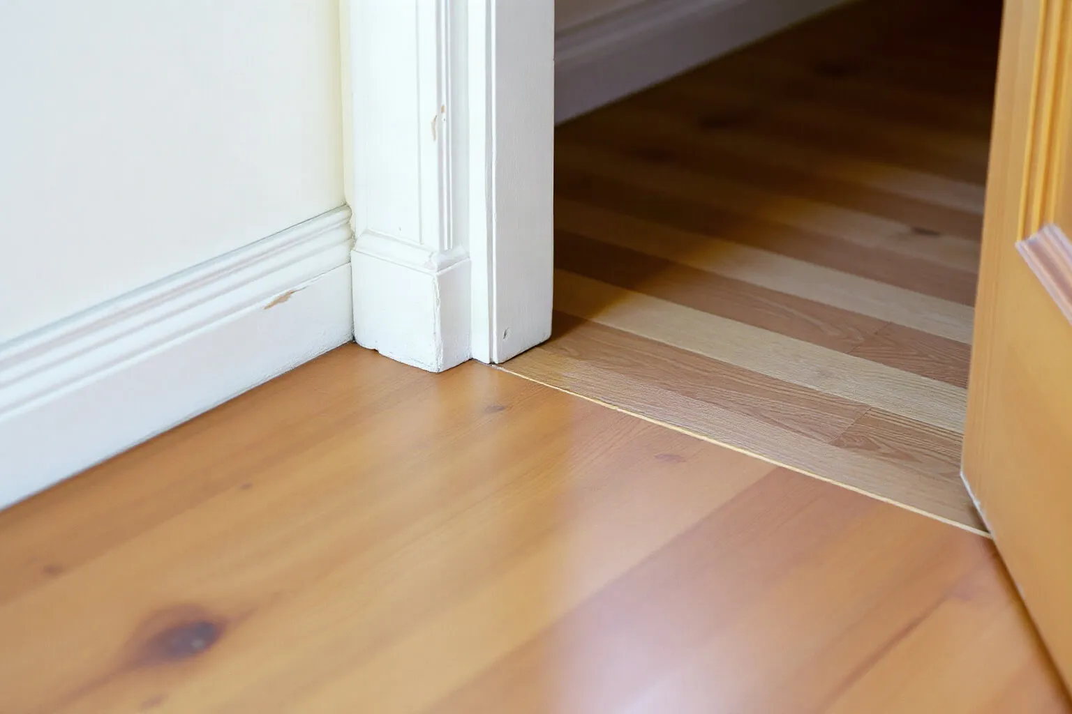Passaggio fra pavimento in legno e pietra sulla porta