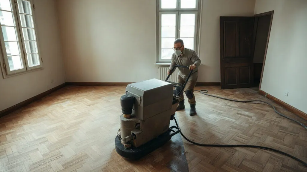 Levigatrice in azione su un pavimento in legno, con la polvere nella luce della finestra
