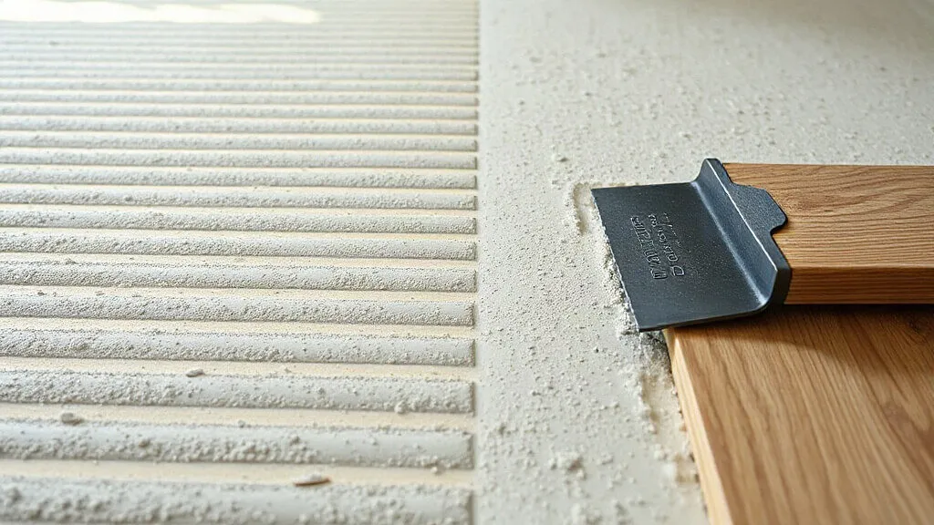 Colla pettinata con la spatola dentata sul massetto, accanto alle prime doghe