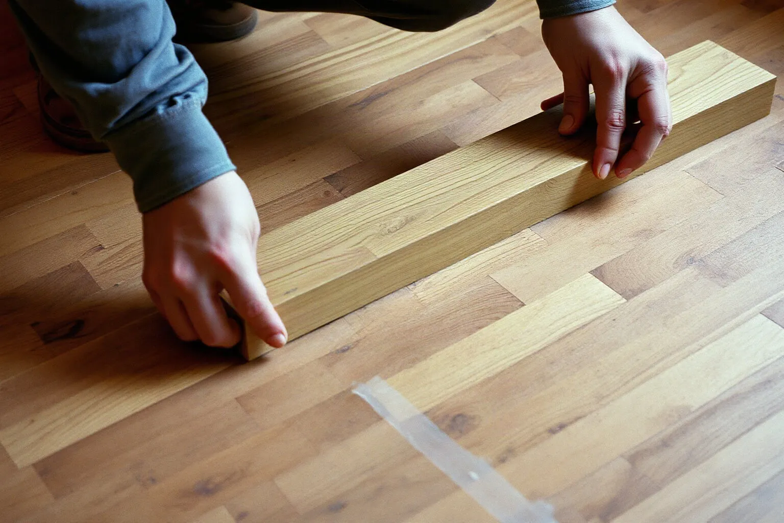 Posa di un parquet a spina di pesce con la colla stesa