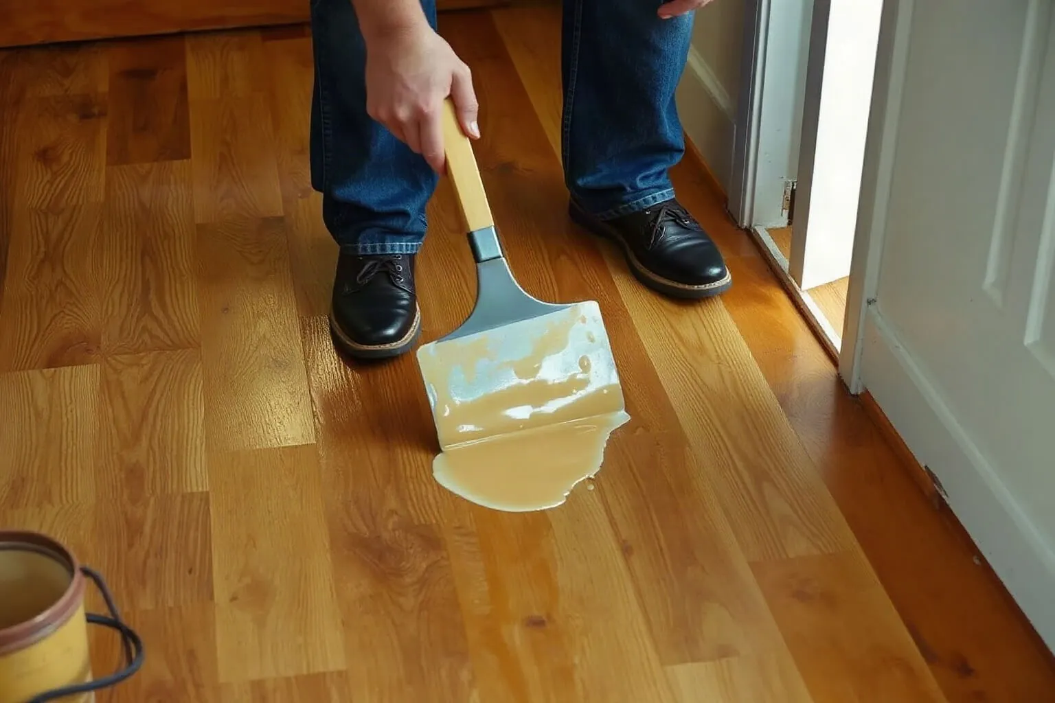 Stuccatura del parquet con la spatola larga