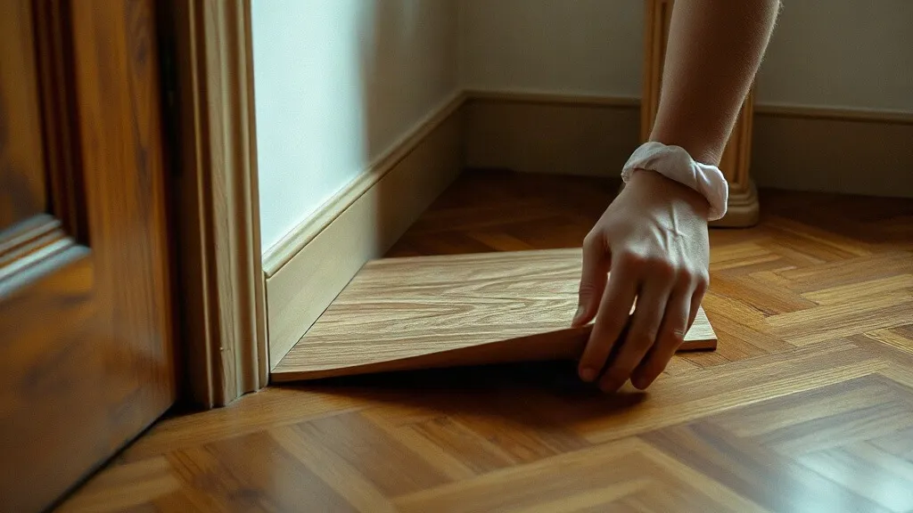 Una tavola del parquet sollevata a mano, vicino alla porta: lavoro del parquettista Aurelio