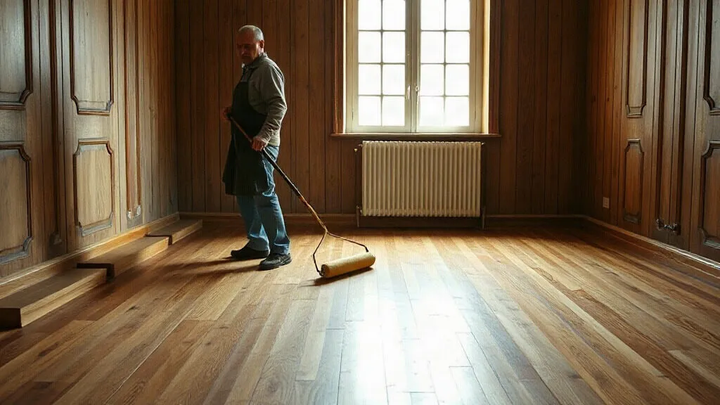 Posatore che tratta a olio un pavimento in legno appena levigato