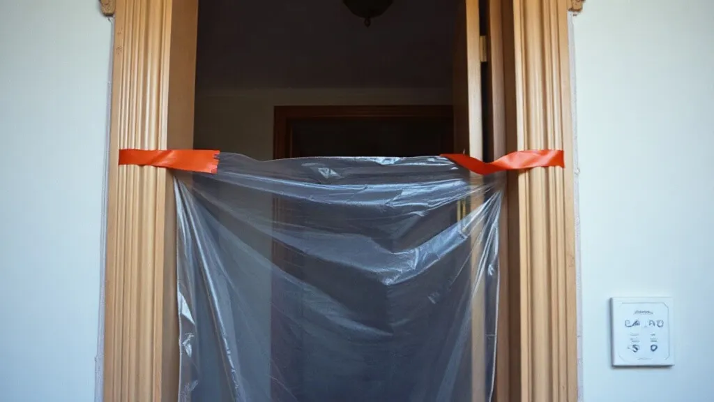 Telo di plastica fissato sulla porta per trattenere la polvere