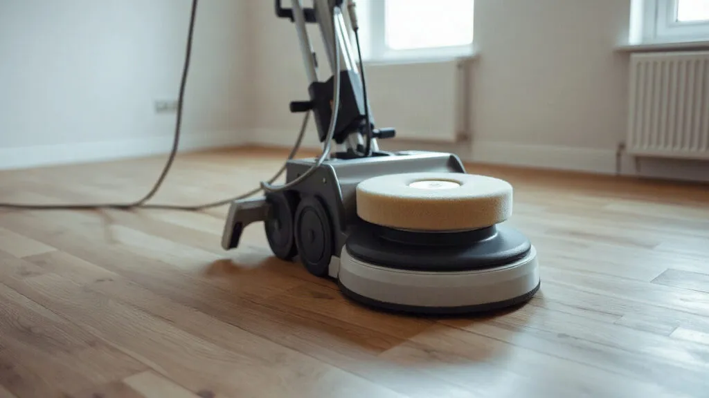 Monospazzola con il tampone in azione su un pavimento in legno