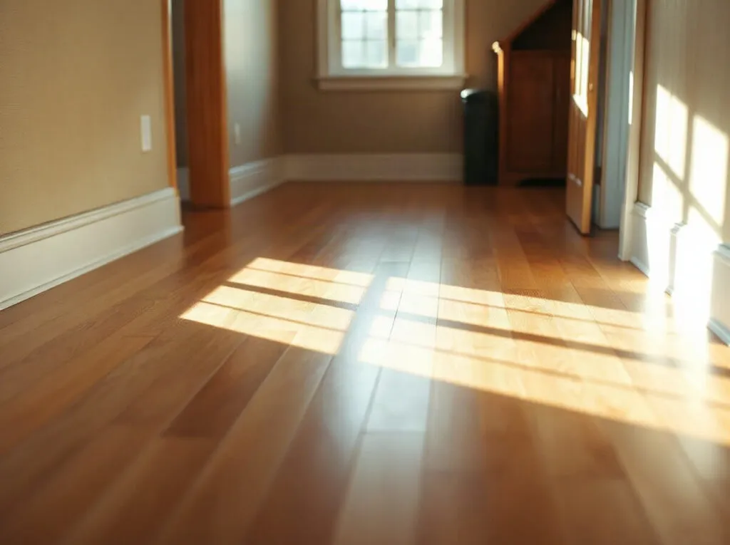Pavimento in legno appena finito, con la luce della finestra che si riflette sulle doghe