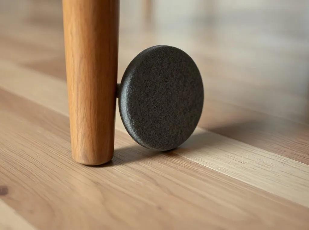 Feltrino tondo accanto alla gamba di una sedia, su un pavimento in legno