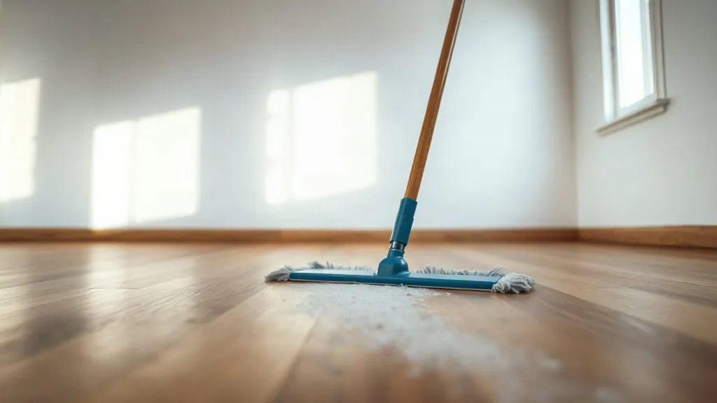 Scopa a frangia che raccoglie la polvere su un pavimento in legno
